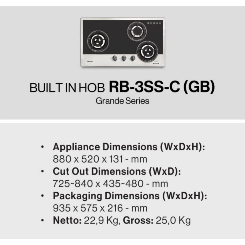 Kompor tanam gas  Rinnai RB 3 SS C GB / RB3SSC 3 tungku 70cm