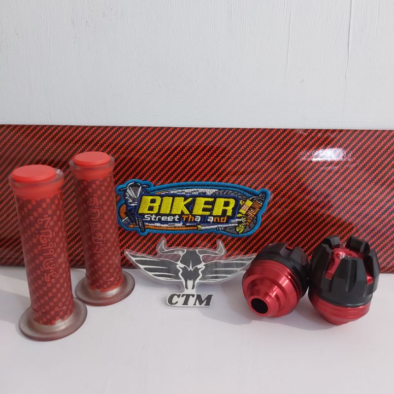 [PAKET MERAH] Sarung Kulit Jok Biker Karbon / Grip Karbon / Jalu As Roda Depan - RED