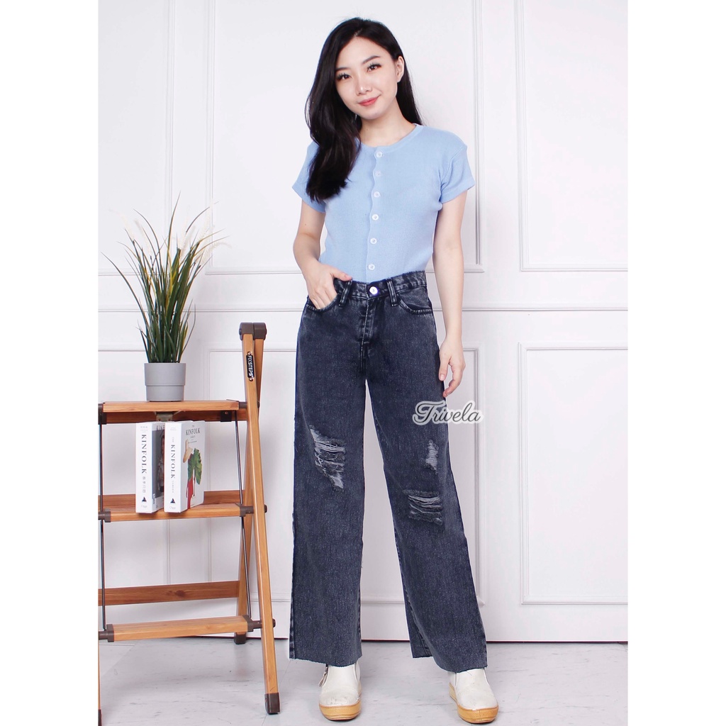 TRIVELA Kulot Jeans Lapis Hitam / Kulot Jeans Wanita Kekinian / Labela / Jeans Ala Korea