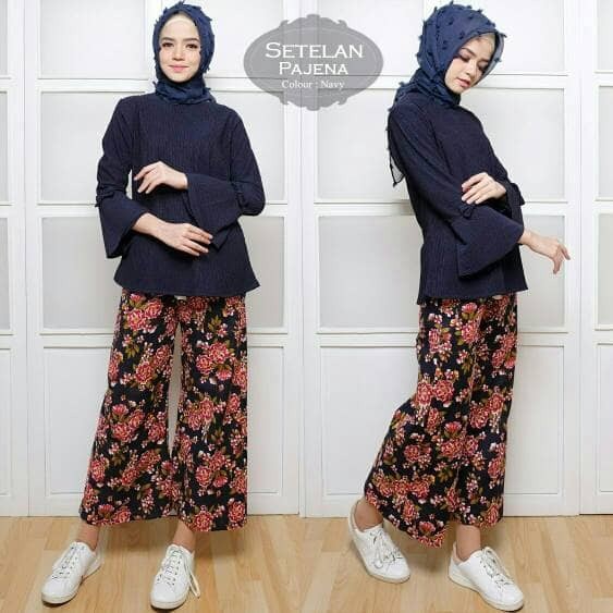 DeltaRA Set kulot pajena Navy Busana Muslim Setelan Hijab Terbaru
