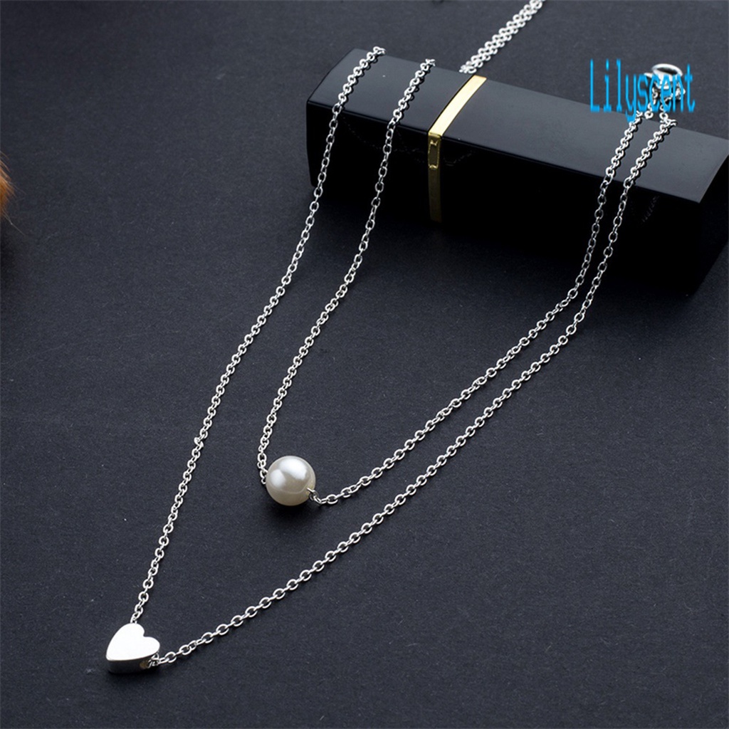 Kalung Mutiara Imitasi Dua Lapis Bentuk Hati Adjustable Untuk Wanita