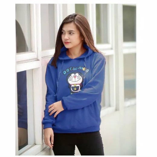 Sweater hoodie wanita DORAEMON/ BAHAN babyterry-navy