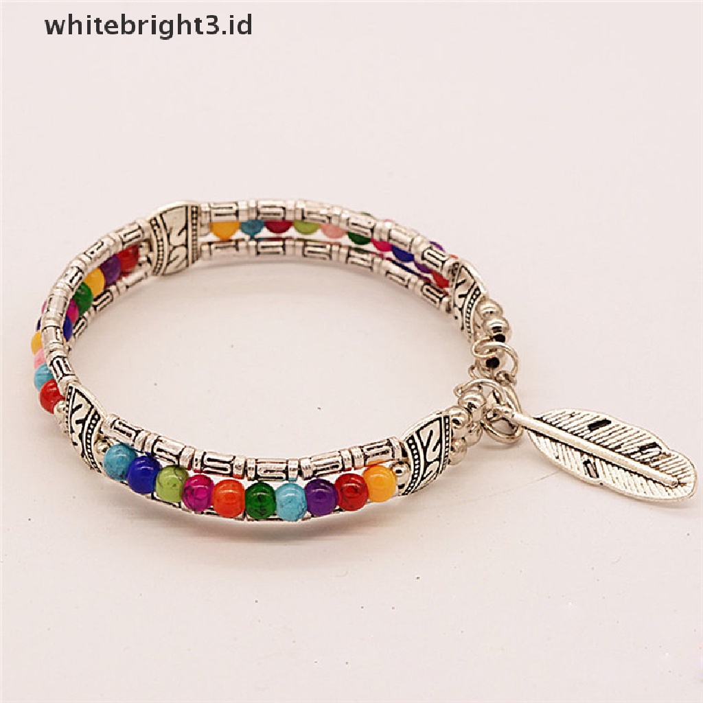 (whitebright3.id) Gelang Tangan Silver Wanita Desain Bulu Hias Turquoise Gaya Tibet / Gipsi / Vintage / Bohemia