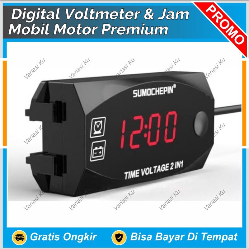 DIGITAL VOLTMETER + JAM 2 IN 1 PREMIUM SPORTIVO WATERPROOF MULTIFUNGSI 12V DC: PENGUKUR SUPLAY ARUS 