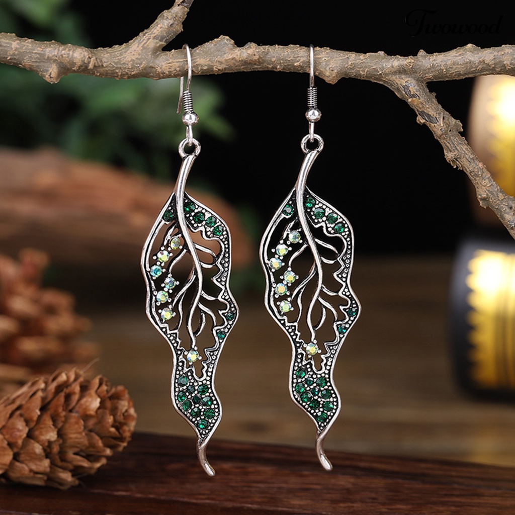 Twowood 1 Pair Hook Earrings Leaf Colored Rhinestones Jewelry Electroplated Long Lasting Drop Earrings for Wedding