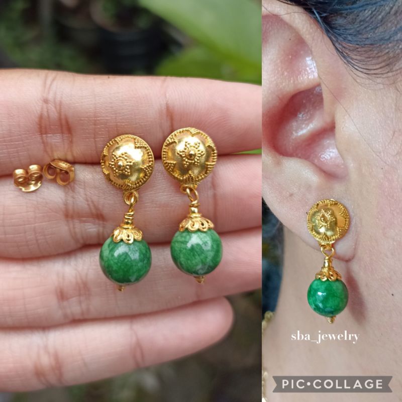 giwang tusuk atau sumpel perak bali batu giok lapis emas