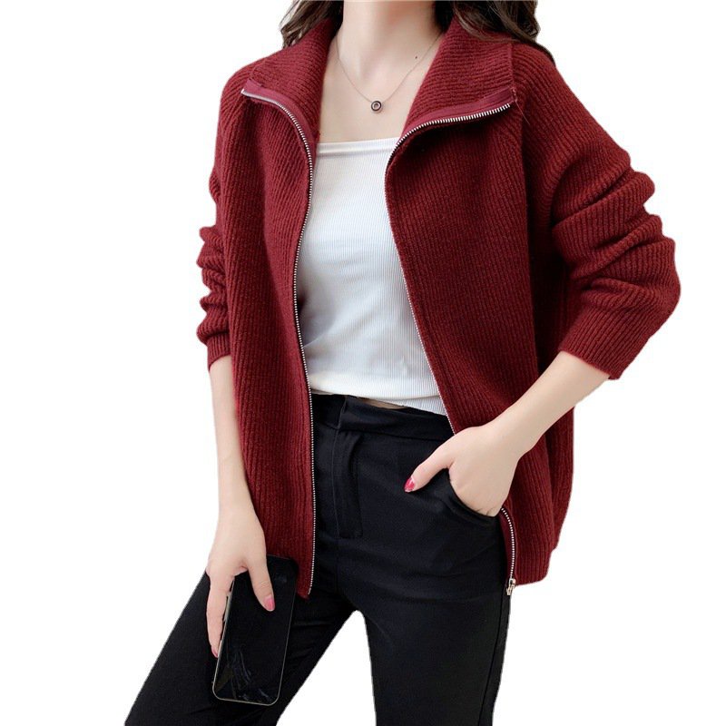 #Sisjuly# Wanita Longgar Sederhana Warna Solid Jaket Sweater Rajut Atas Kerah Kardigan Ritsleting Wa