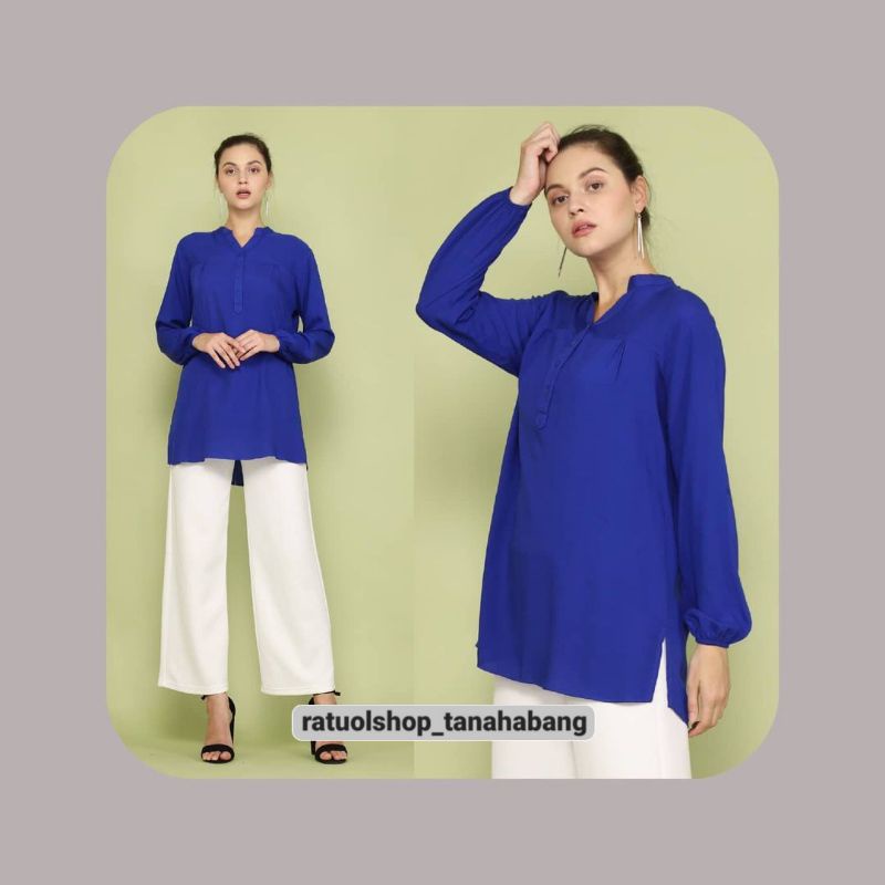 Blus Polos Biru BCA - Polos Biru Elektrik - Blouse Polos Rayon Dark Blue - Atasan Rayon - Fathin Bas