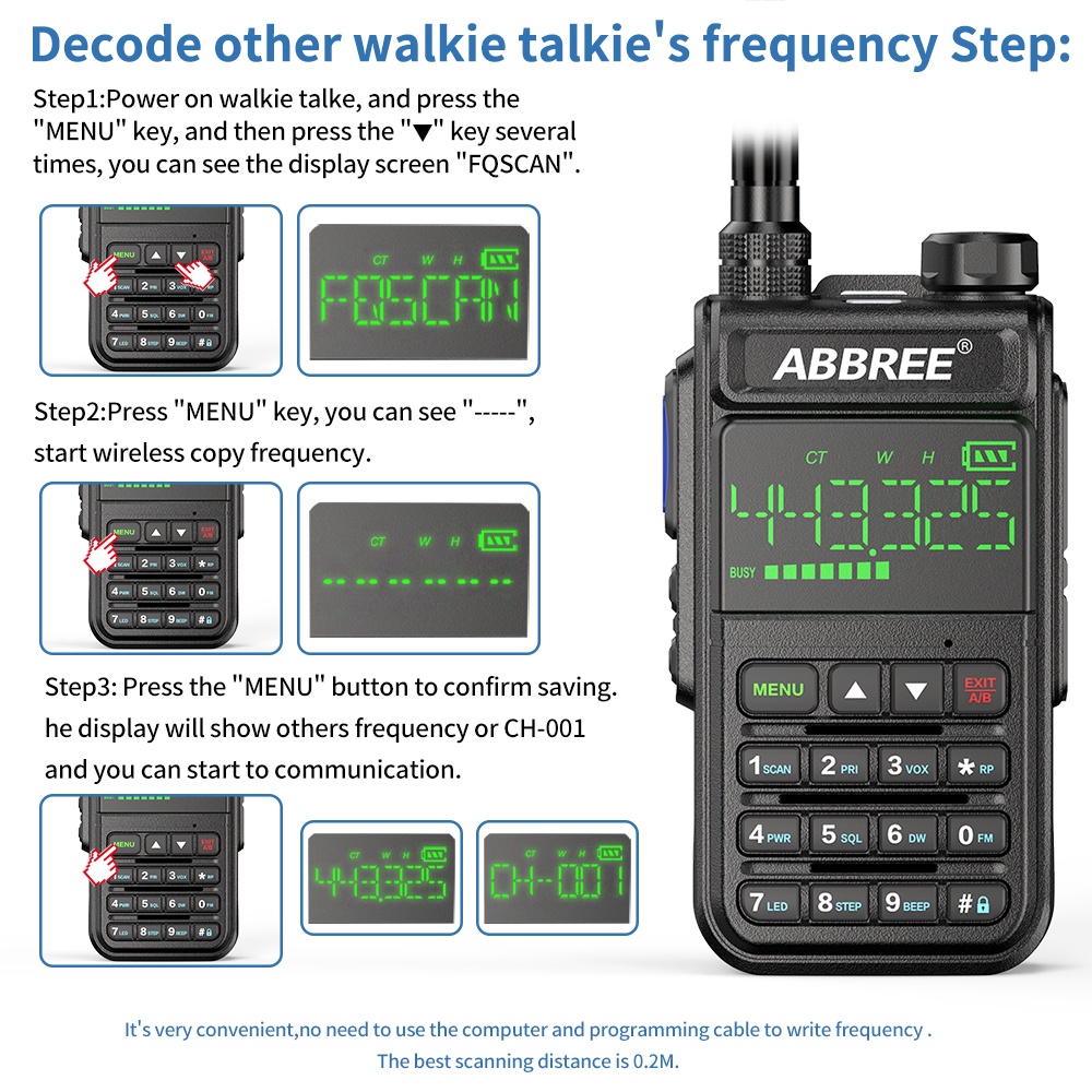 HT ABBREE AR-518 FULL BAND Walkie Talkie 8800mAh Copy Frequency 1.77 inch