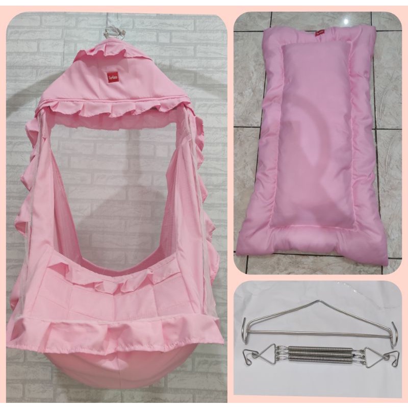 Ayunan 1KG Ayunan Kelambu Set Motif Lengkap Kasur Per Pegas Dan Besi Gantungan Segitiga-Earth series pink