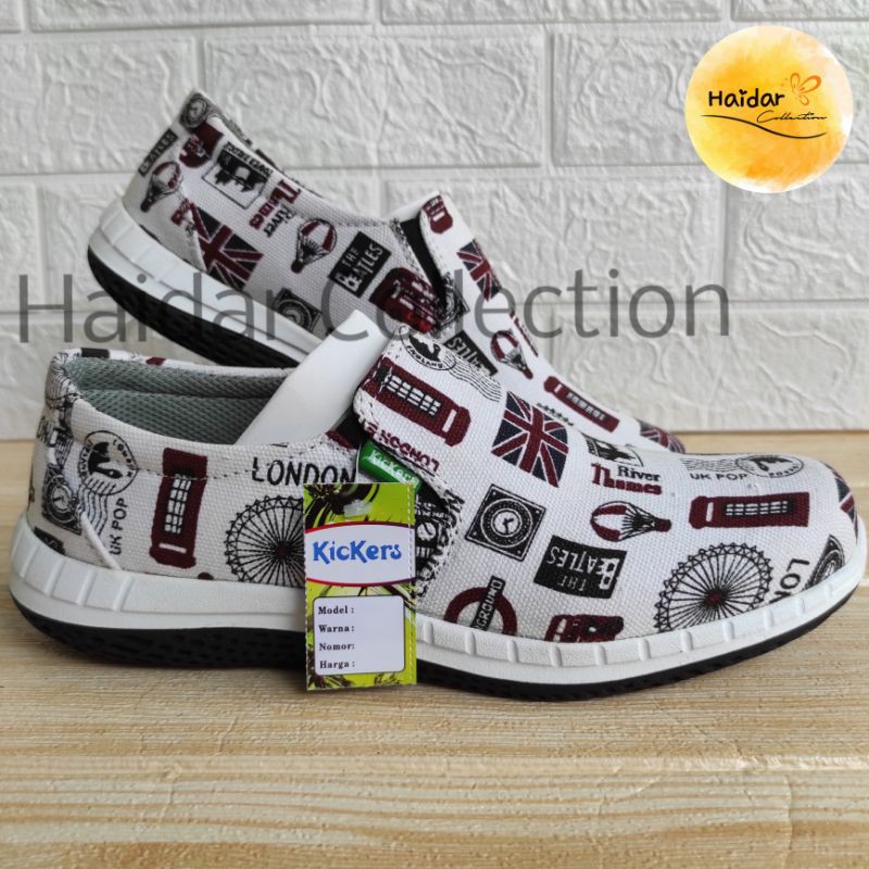 Sepatu Pria Slip On Kanvas Motif London Kasual Sol Karet TPR Lentur