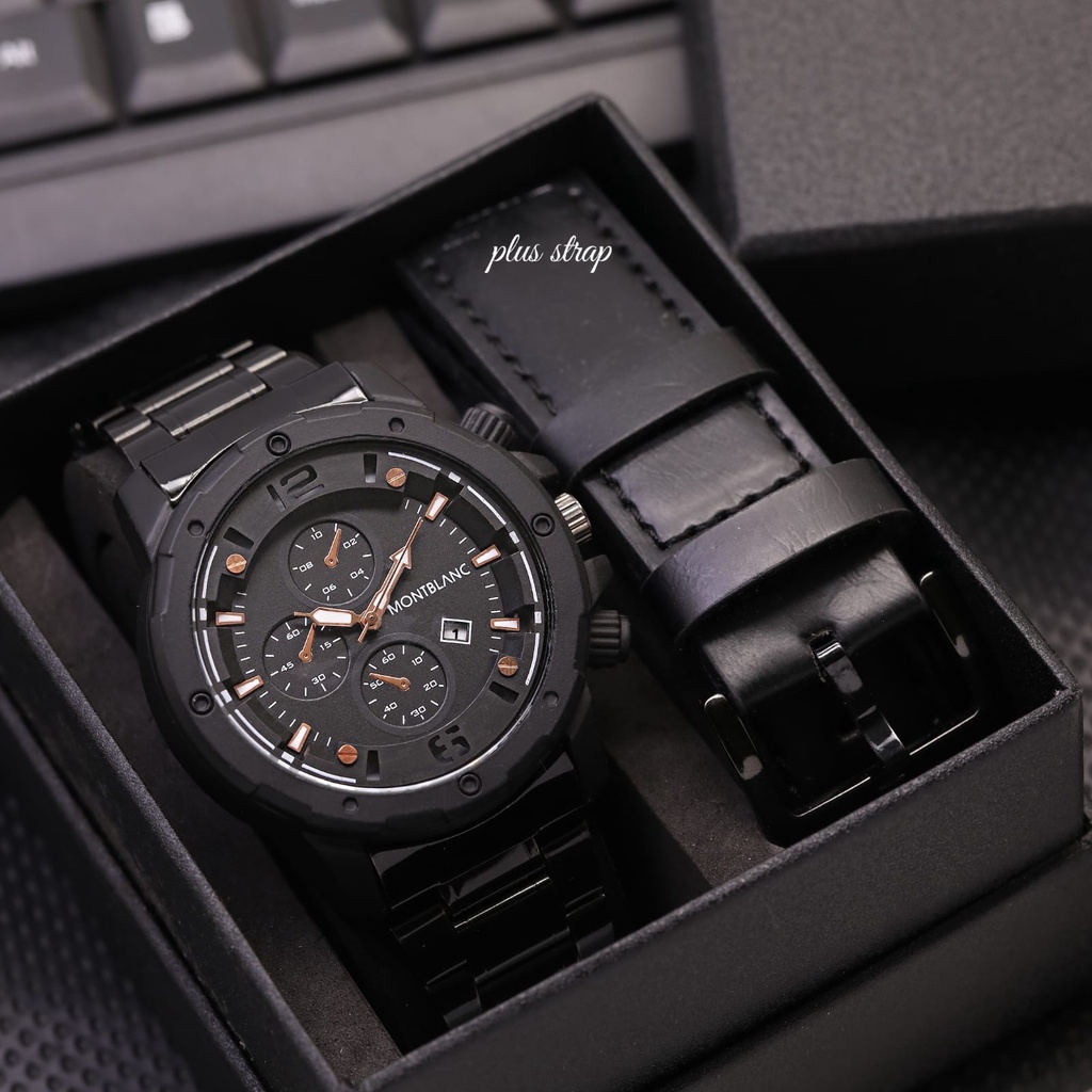 GROSIR - Jam Tangan Pria Sport Montblanc Rantai Stainless Plus Tali Kulit Free Box Kancing 4,6Cm