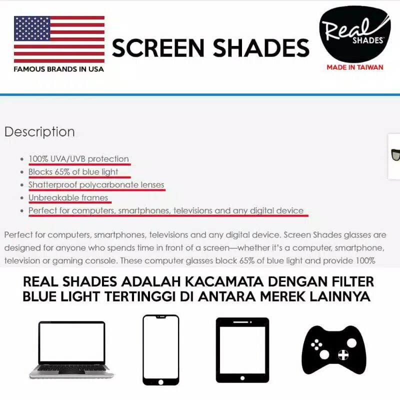 Real Screen Shades Kacamata Anak Warna Random (Kotak) (2+, 4+, 7+) - kacamata anti radiasi / anti bluelight