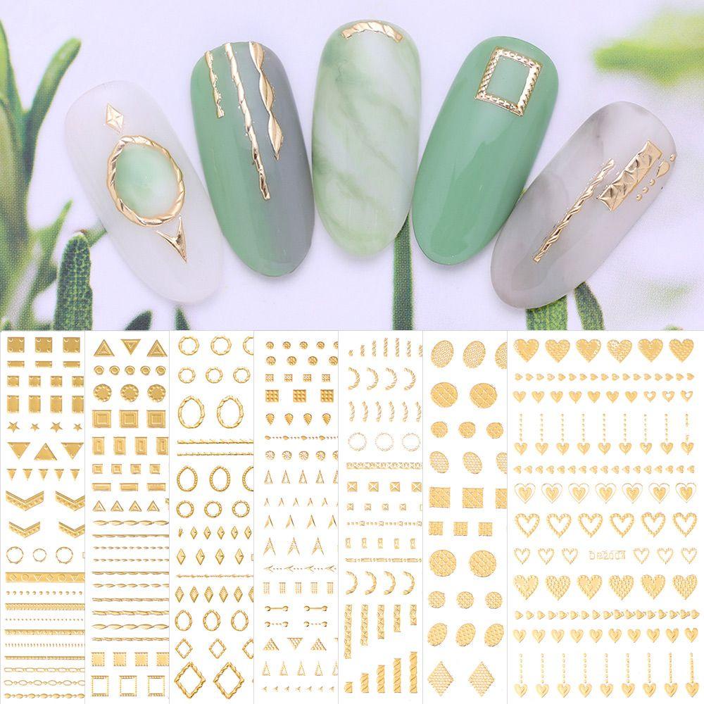 Solighter 3D Stiker Kuku Nail Art Perak Emas Garis Geometris Stripe Transfer Stickers