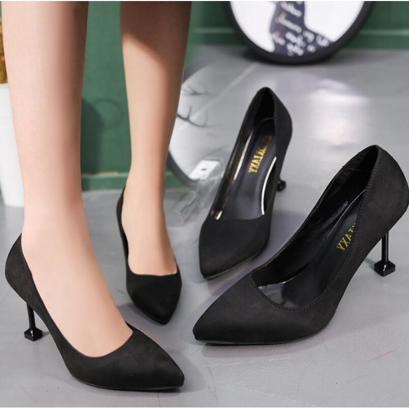 [ MURAH / REAL PIC ] Sepatu Kerja Wanita Hitam Hak Tinggi - hitam hijau Suede Import Pantofel Kuliah