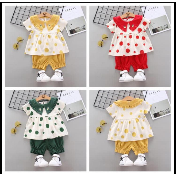 POLKA NANAS Baju Setelan Celana Import Impor Pergi Lucu Fashion Anak Bayi Perempuan Cewek Terlaris