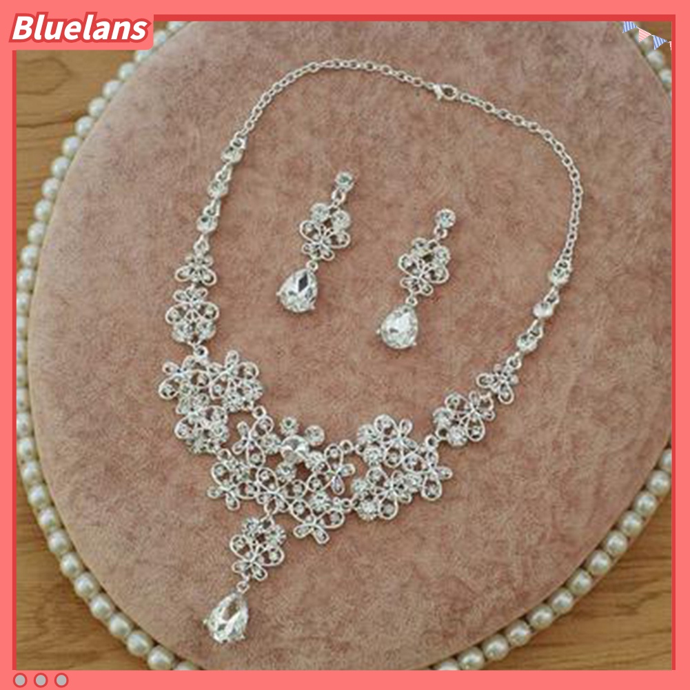 Bluelans 3Pcs Rhinestone Butterfly Necklace Crown Earring Bridal Wedding Jewelry Gift