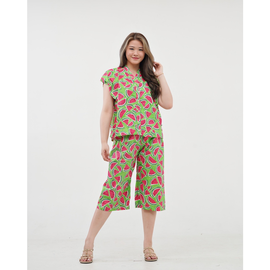 IZANY Piyama Dewasa Kimono Kulot / SET Kimono Kulot V Banyak Motif-WATERMELON GREEN