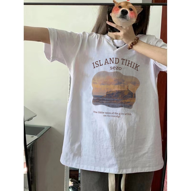 EUNII T-shirt Lengan Pendek Lanskap Pencetakan Longgar Korean Style /Kaos Atasan Wanita/Baju Kaus Oversize Wanita