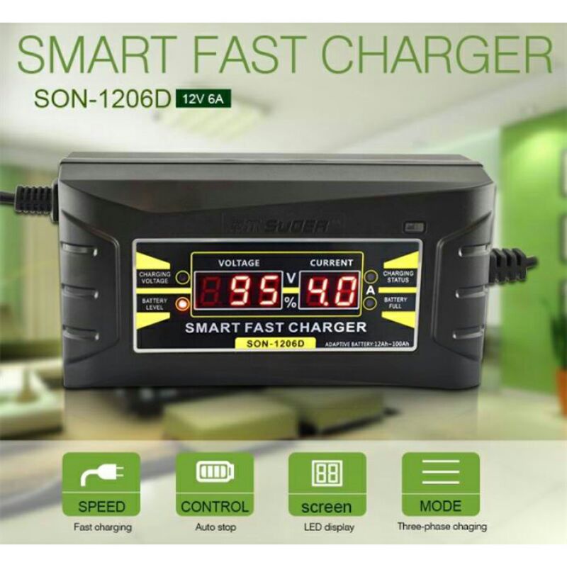 Charger Aki 12V 6A SUOER + LCD Display Otomatis Cas Accu Battery Motor Mobil - Black