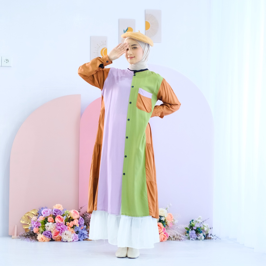 (AMD) GAMIS MIDI GELANIA TRIPLE TONE DAILU BUSUI MIDI DRESS RAYON