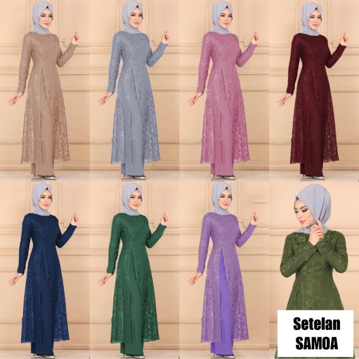 Setelan Celana Wanita Baju Muslim Set Tunik Brukat Kondangan Kekinian
