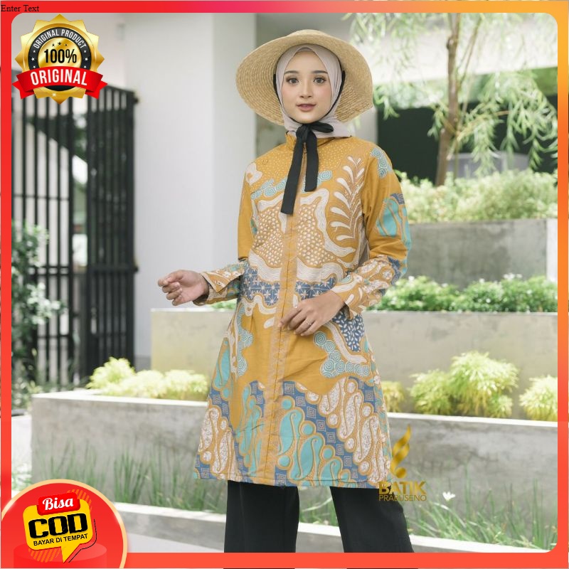 TUNIK MOTIF ARISTA KUNING ATASAN BATIK WANITA LENGAN PANJANG KATUN PRINTING BATIK PRABUSENO ORIGINAL