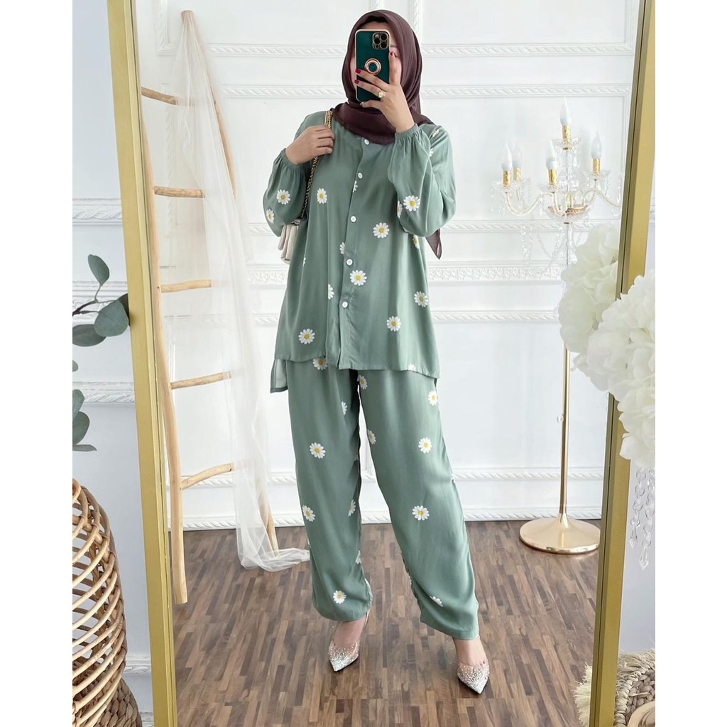 One set Rayon Premium Setelan Piyama Motif Terbaru-Deasy Green Set