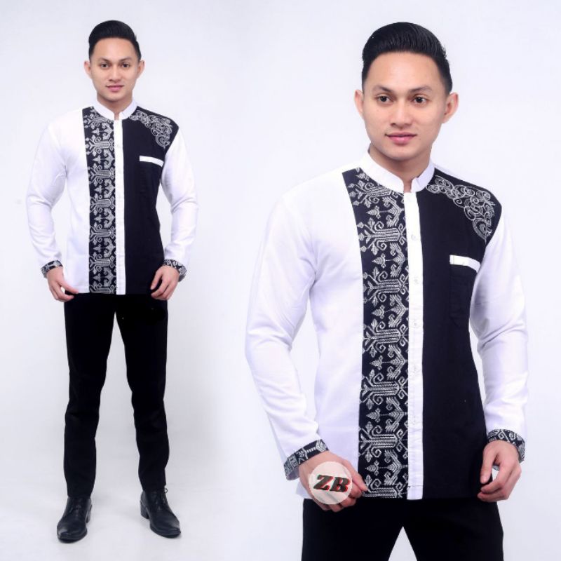 Baju Koko Pria Bordir Kombinasi Batik Semi Songket / Atasan Muslim Pria Koko Hilwa Murah-Silver Panjang