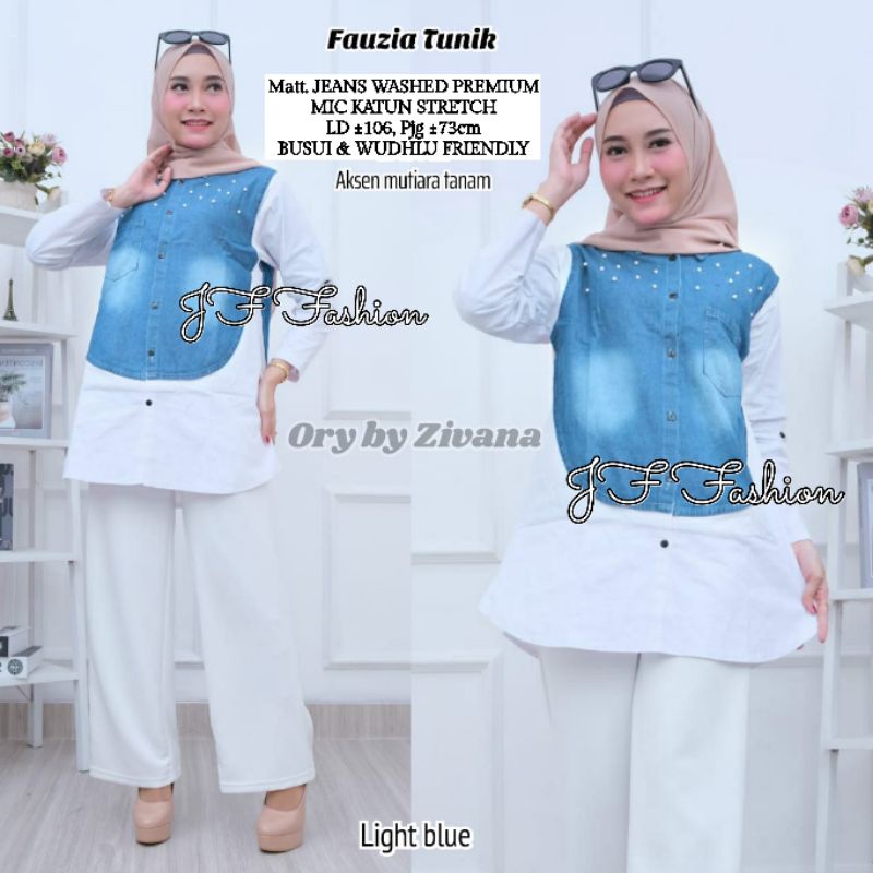FAUZIA BLOUSE JEANS MUTIARA (LD ±106cm) / Blouse Wanita / Blouse Mutiara / Blouse Denim