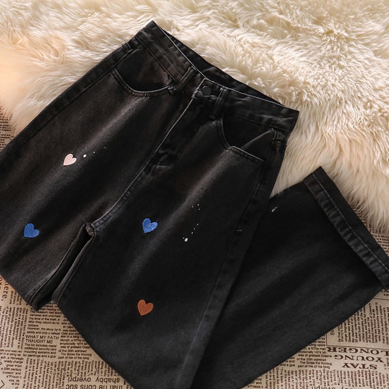 New hitam love embroidery high waist celana jeans panjang wanita