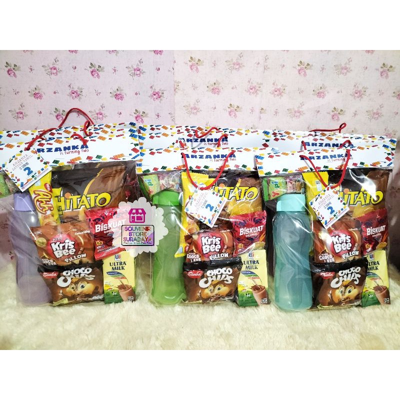 Paket Snack Ulang Tahun / Souvenir Boto Eco 350ml/ Hangtag Snack Ultah / Bingkisan Snack Label / Paket Snack Souvenir Botol