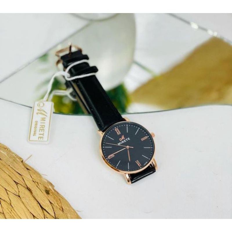 JAM TANGAN PRIA MIRETE BLACK STRAP KULIT ORIGINAL TAHAN AIR MODEL BULAT BISA BAYAR DI TEMPAT