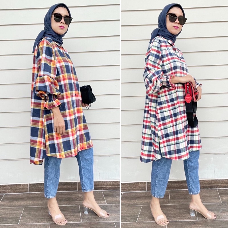 Atasan Muslim Wanita Lengan Balon Tunik Jumbo LD 110 Motif Kotak Flanel Zee Tartan Tunic