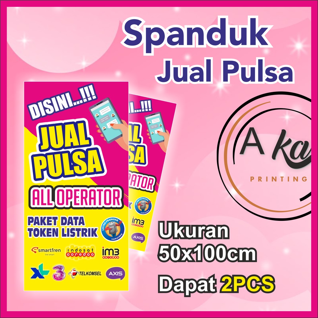 AKA PRINTING/SPANDUK PULSA/BANNER KONTER/SPANDUK 1 HARI JADI/CONTER/BISA REQUEST/FREE DESAIN UKURAN 