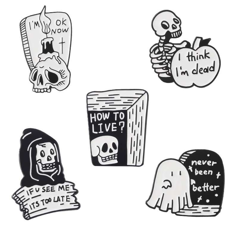 Bros Pin Enamel Bentuk Tengkorak Halloween 5 Gaya Goth Punk Untuk Aksesoris Tas Ransel