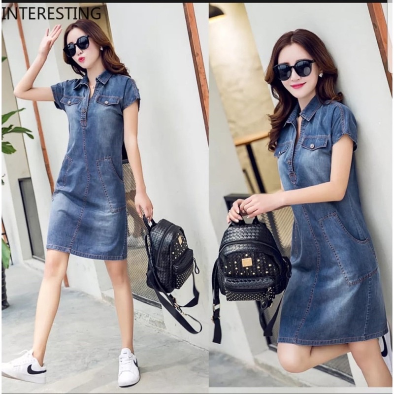 KOREAN DRESS JEANS WANITA LENGAN PENDEK