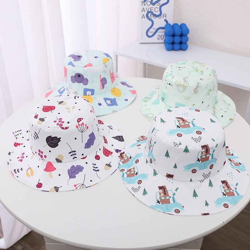 3 4 5 tahun Topi Bucket Anak Import Unisex Motif Pastel Tali Serut dan Tali Dagu