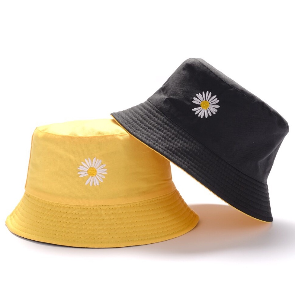 Topi Bucket dewasa Dua Sisi  Motif Bordir Bunga Daisy Bahan Drill premium / Bucket Bordir Bunga