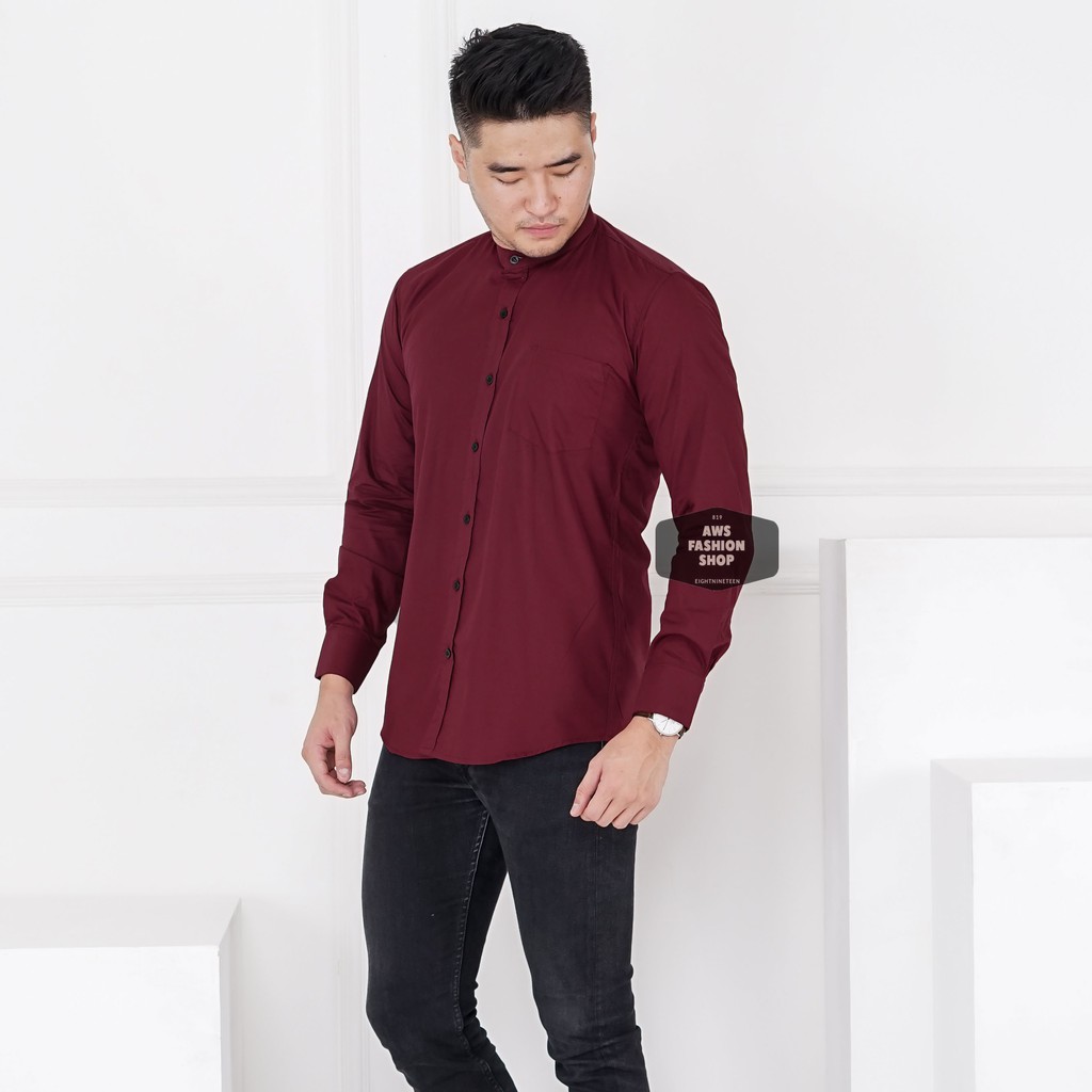 Baju Hem Kemeja Lengan Panjang Pria Merah Maroon Red Kerah Shanghai Polos Slimfit Casual 3305