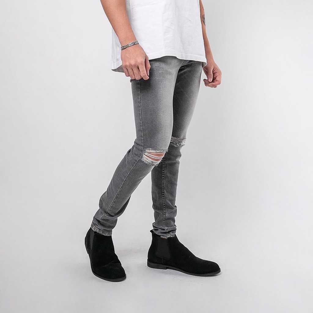 Celana Ripped Jeans Pria  / Celana Jeans Sobek Bahan Stretch Denim - (UJ-18) - Light Grey