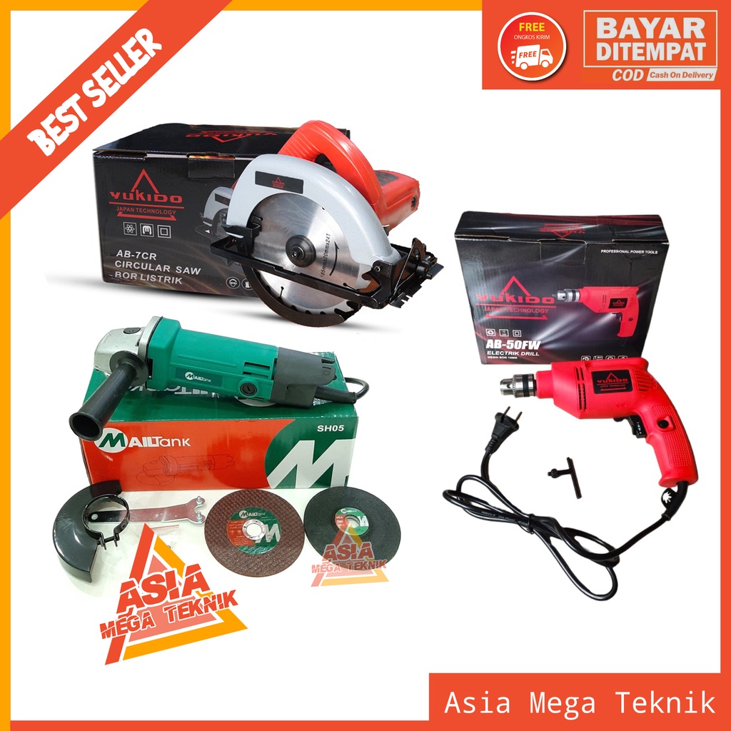 Paket tukang 3 item mesin circular saw Yukido mesin gerinda 4 in Mailtank dan mesin Bor Yukido