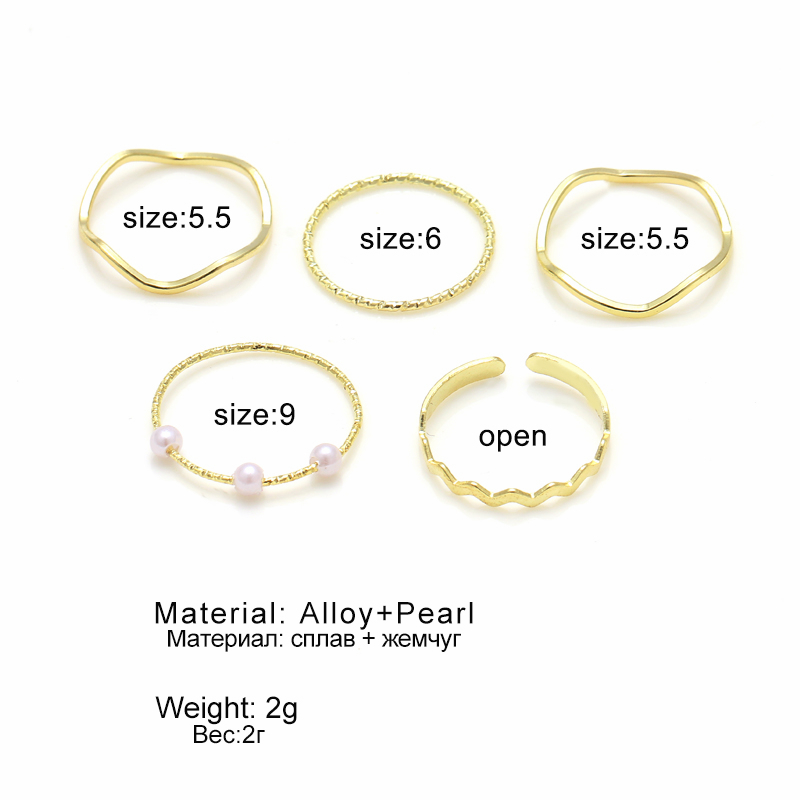 5pcs / Set Cincin Mutiara Imitasi Bentuk Bulat Gelombang Geometris Warna Emas Untuk Wanita