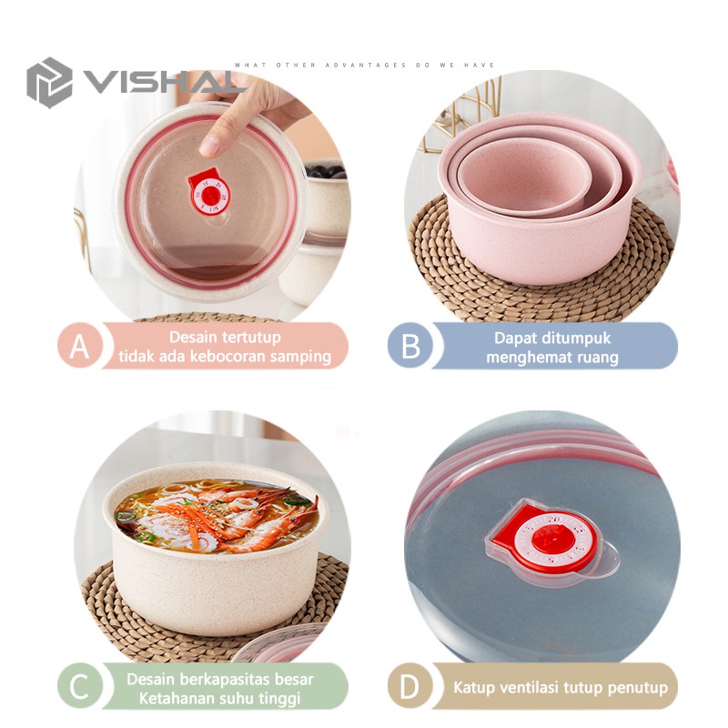 VISHAL 3 in 1 Kotak Pengawet Kedap Udara Mangkuk Dengan Penutup Gandum Mangkuk Berkapasitas Besar VS
