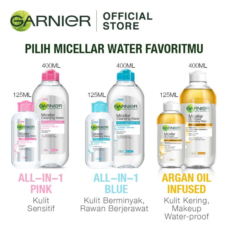 Garnier Micellar Water Pink/Biru/Oil Infused Kulit | Sensitif/ Berminyak 50ml/125ml/400ml