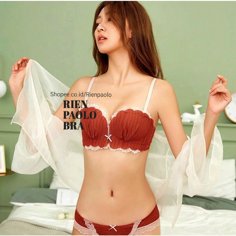 Premium Bra BH + Celana Dalam CD G String Set Sexy Hot Lingerie Tanpa Kawat Motif Bordir Bunga Trans