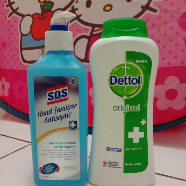 Paket hemat hand sanitizer cair SOS 500ml & Dettol body wash 300ml