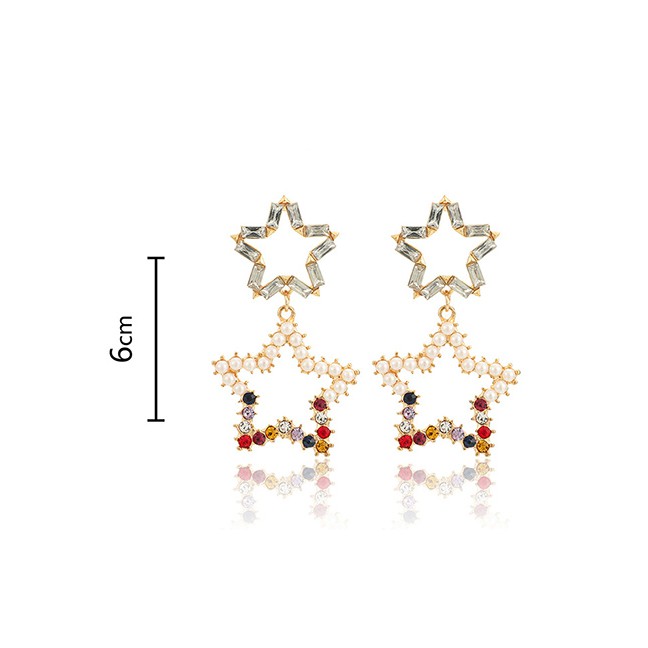 LRC Anting Tusuk Fashion Gold Diamond Five-pointed Star Pearl Star Earrings D09311