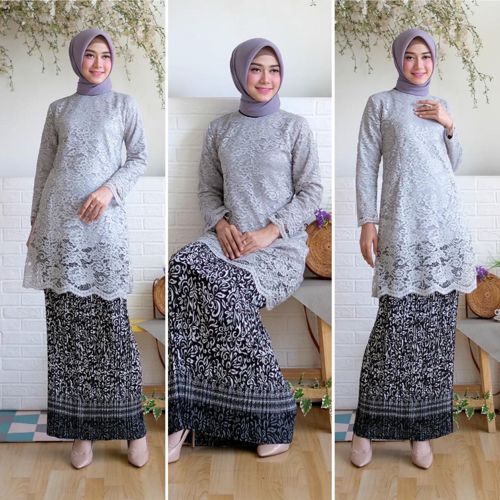 Tunik Alfiana Kebaya Brukat Corneli Tulang Glitter Brokat Timbul Set Kebaya Batik Wisuda Kondangan