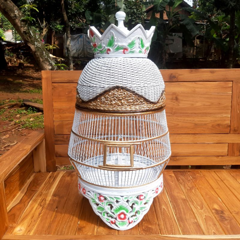 Sangkar Burung Perkutut Rotan Kombinasi Ukir Kayu Jati, Sangkar Kutut Rotan